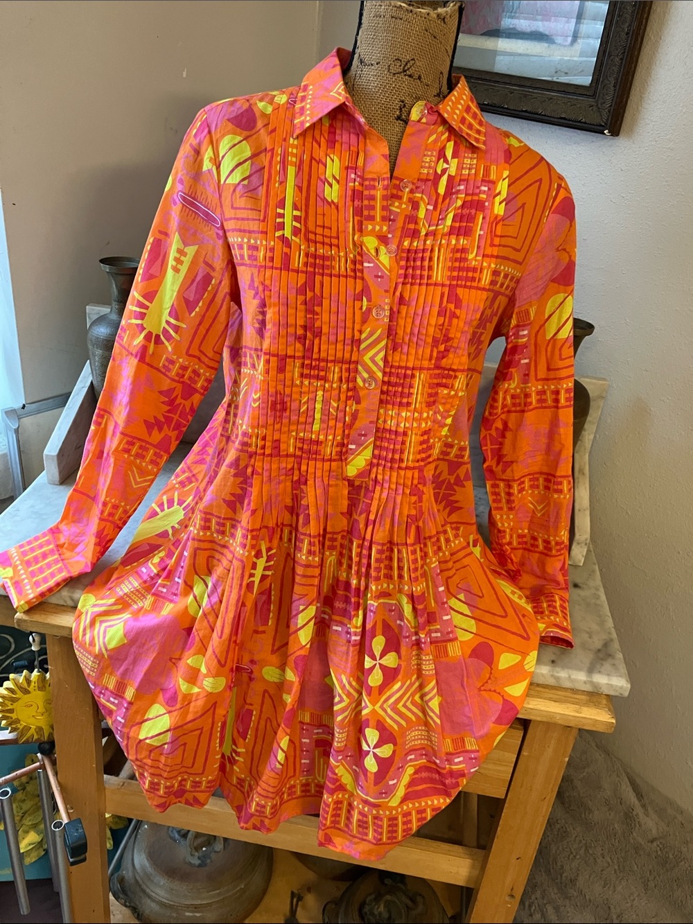 Sheridan French Cute Sexy Vibrant Orange-Pink Printed Long-Sleeve Dress S!